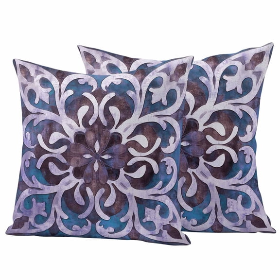 Blue Purple Ethnic Outdoor Waterproof Pillow Covers, Rustic Boho Flowers Impressionist Decorative Square Throw Pillowcase Sofa Cushion Sham for Patio/Couch/Chair, 24"x24" 2 Pack