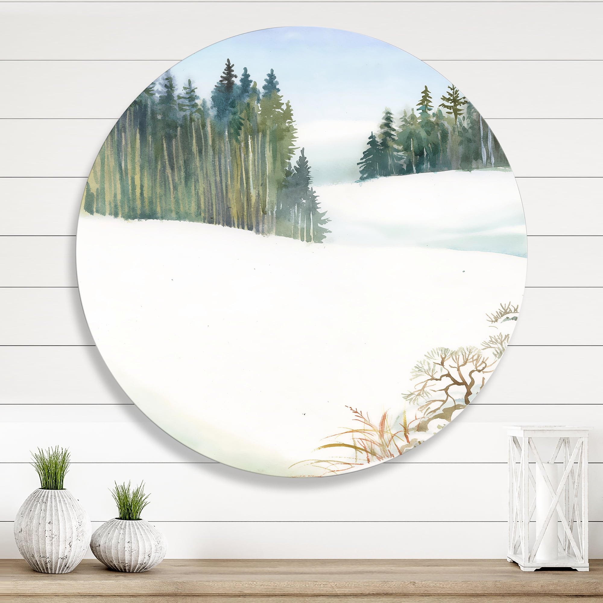 Designart 'Pine Forest In Snowy Winter Mountains' Traditional Circle Metal Wall Art 11x11 - Disc of 11