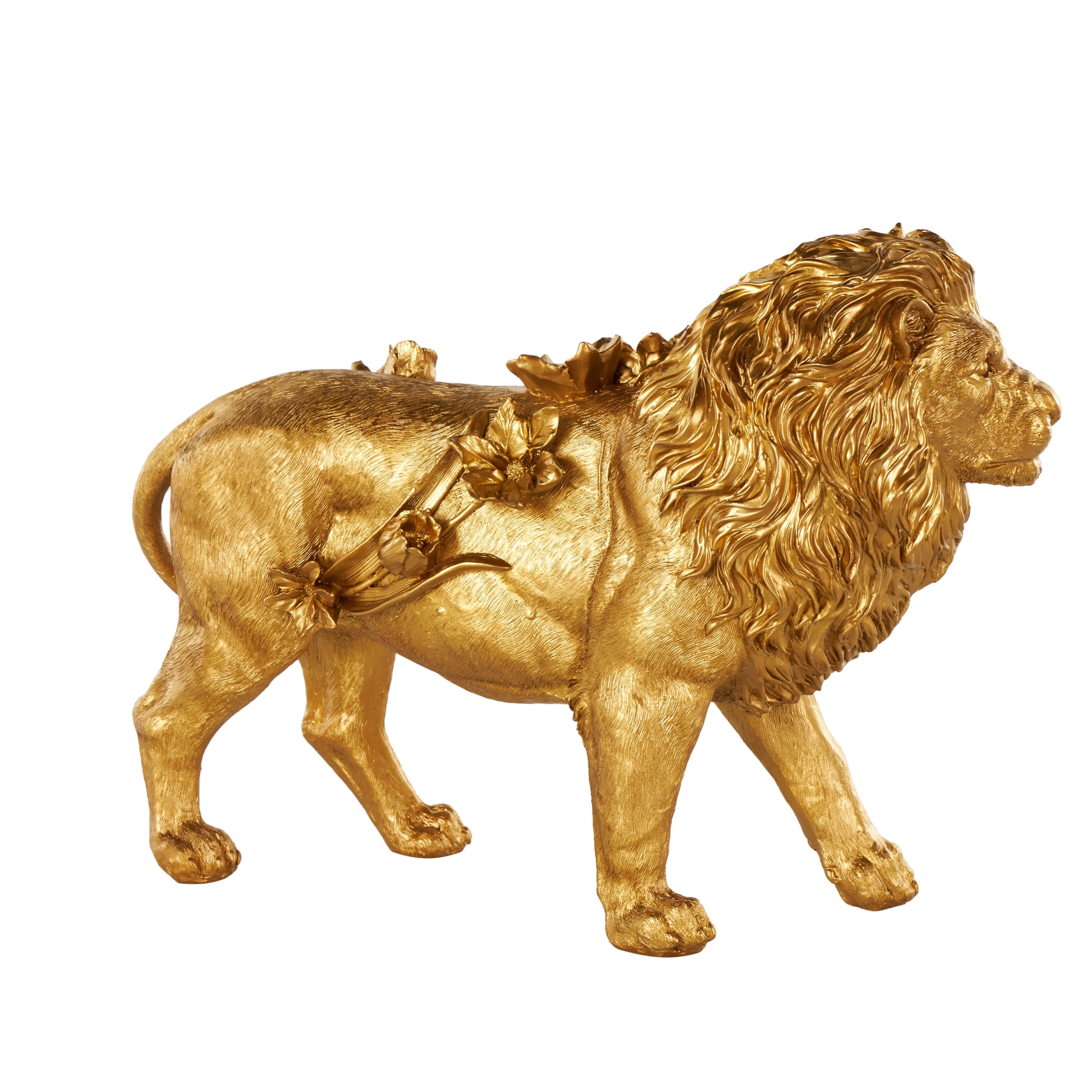 18" x 13" Gold Resin Walking Lion Sculpture with Floral Accents, by DecMode