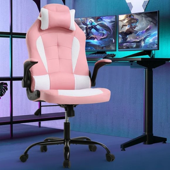 NiamVelo PU Leather Gaming Chair Ergonomic Video Game Chairs with Flip up Arms, Adjustable Rolling Swivel Chair for Adult Teen, Pink