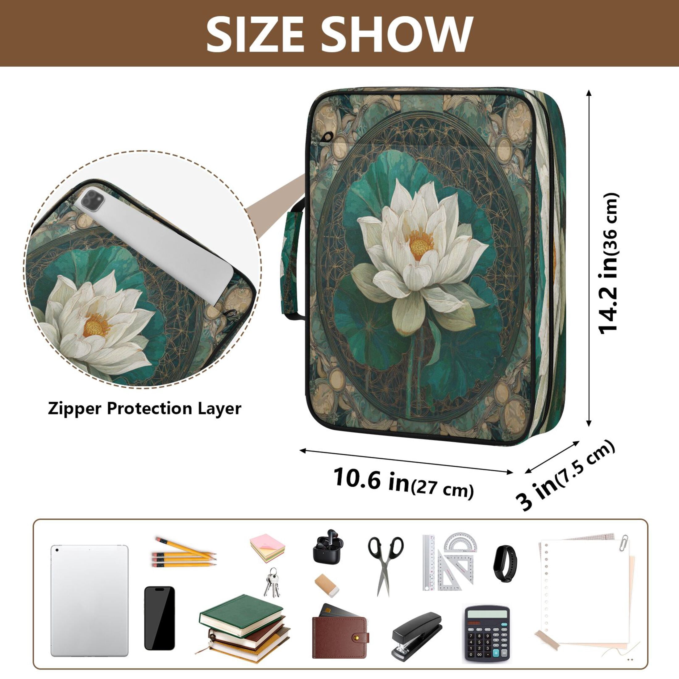 3 Ring Zipper Binder with Accordion File Organizer Waterproof Back to College Binder - 7 Layer Document Organizer for Study Home Office College Travel Supplies Artistic White Lotus