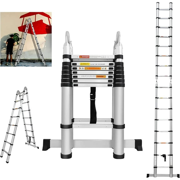 Telescoping Ladder A-Frame 16.5 FT Aluminum Telescoping Extension Ladder with Stabilizer Bar, Multi-Purpose Folding Ladder 330lb Capacity, Ladders for Home Household Daily & Outdoor Working, Rooftop