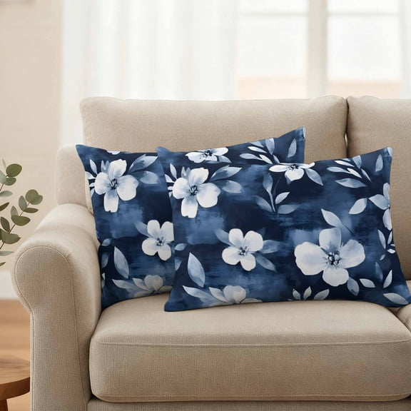 Pack of 2 Outdoor Pillow Covers 20x12 Inch Waterproof Navy Blue Spring Floral Throw Pillow Covers,Decorative Couch Pillow Shams Protectors Summer Flowers Watercolor Botanical Cushion Pillowcases