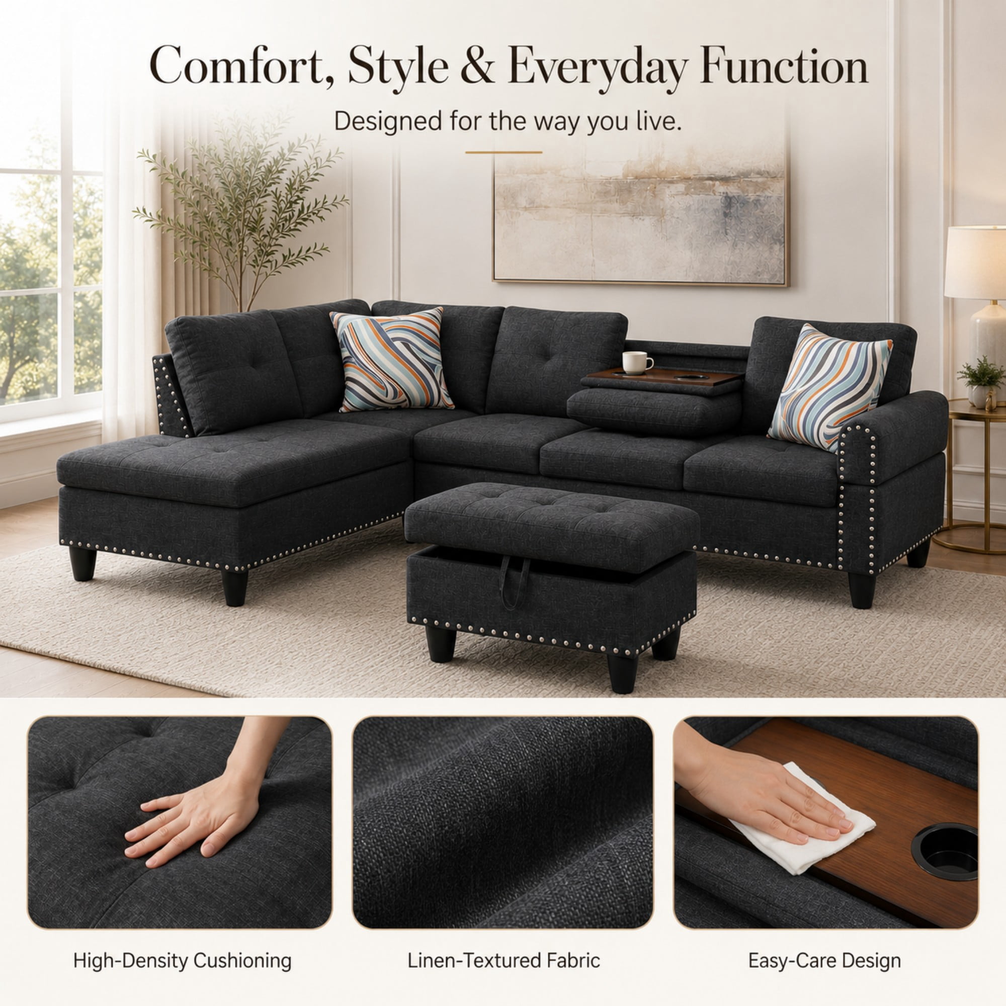 Momspeace 98" L-Shaped Sectional Sofa, Oversized 6 Seater Sofa with Ottoman and Cup Holder, Linen, Black