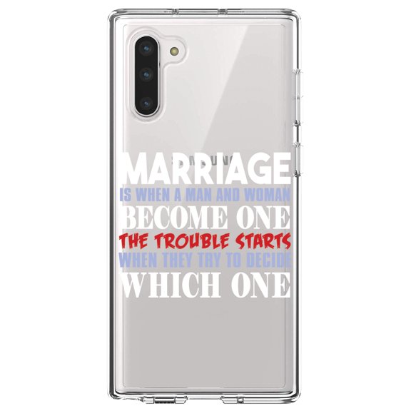 DistinctInk Clear Shockproof Hybrid Case for Samsung Galaxy Note 10 (6.3" Screen) - TPU Bumper Acrylic Back Tempered Glass Screen Protector - Marriage Trouble Starts