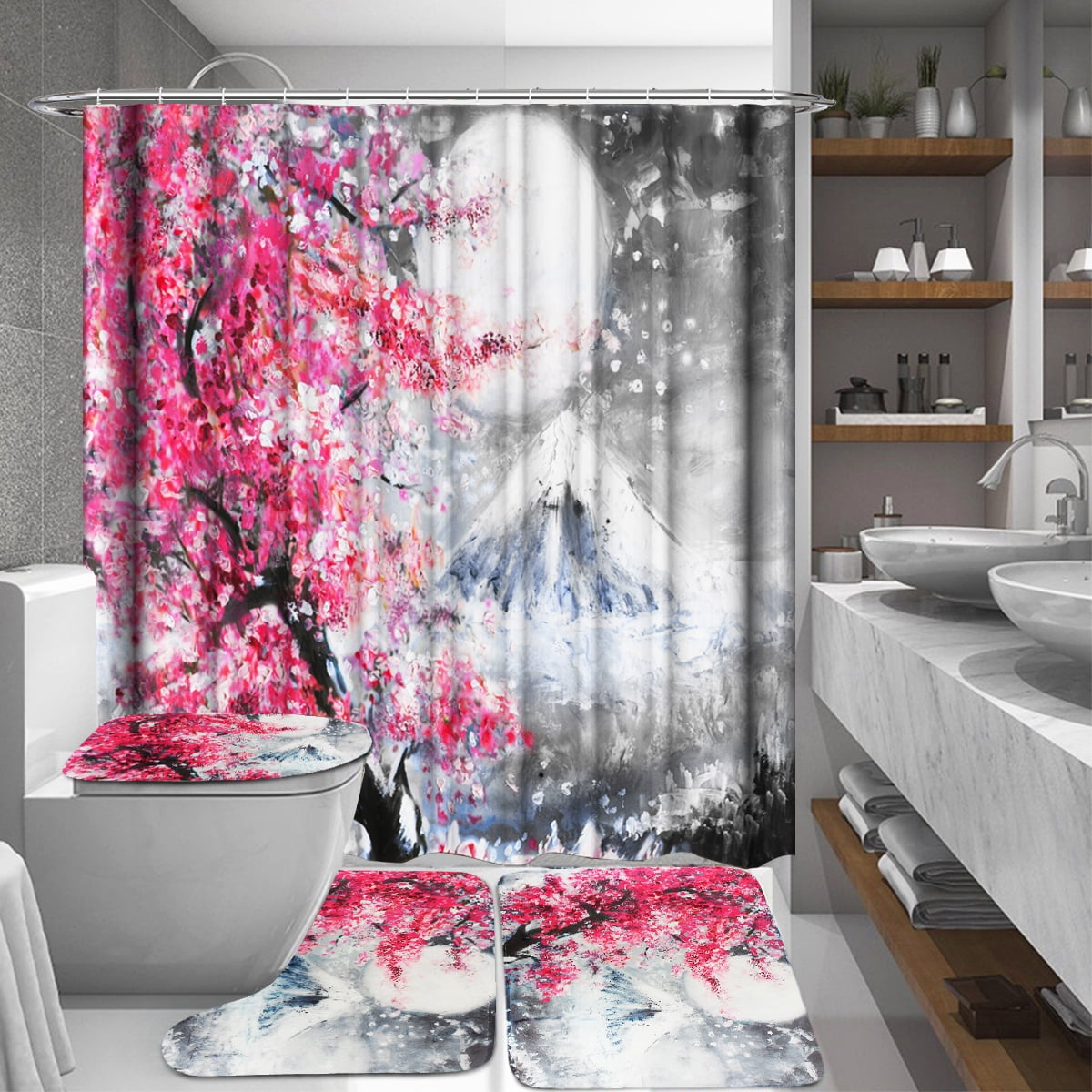 Details about   4pcs Sakura Snow Mountain Bathroom Shower Curtain Toilet Cover Mat Non-Slip   s 