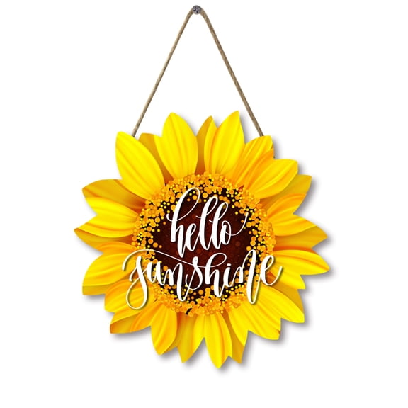 Sunflower Hello Sunshine Wood Door Hanger 12 Inch Large Wooden Flower Sign Inspirational Wall Porch Art Summer Fall Front Door Wreath Hanging for Bedroom Living Room Indoor Outdoor Kitchen Home Decor
