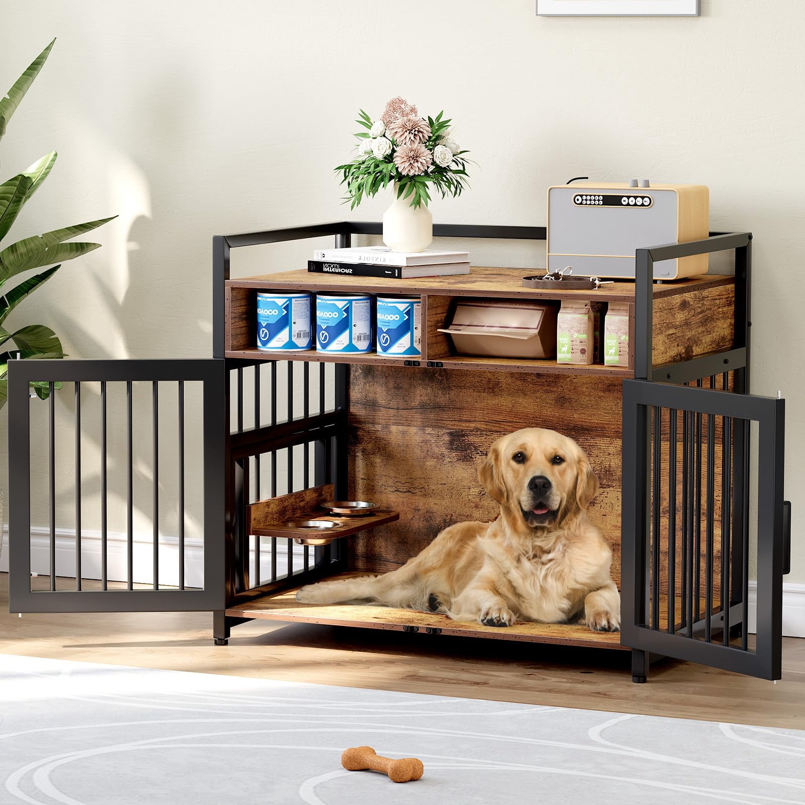 TROPOW 48 inch Large Dog Crate Furniture, Heavy Duty Wooden Dog Kennl with 2 Storage Drawers, 360° Adjustable Raised Feeder, Double Doors, Indoor Dog Crate for Large or Medium Dogs