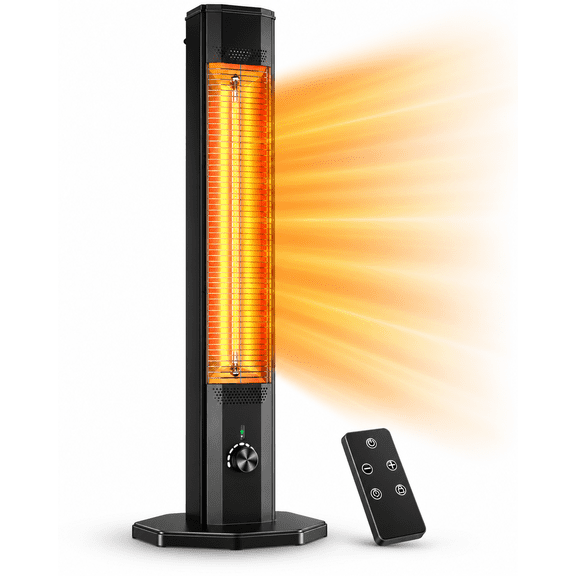 Electric Infrared Patio Heater, 42-Inch 1500W Outdoor Tower with Remote, 1-Second Heat, 3 Modes, 9 Levels, Fan, Oscillation, Dual Timer and IPX5
