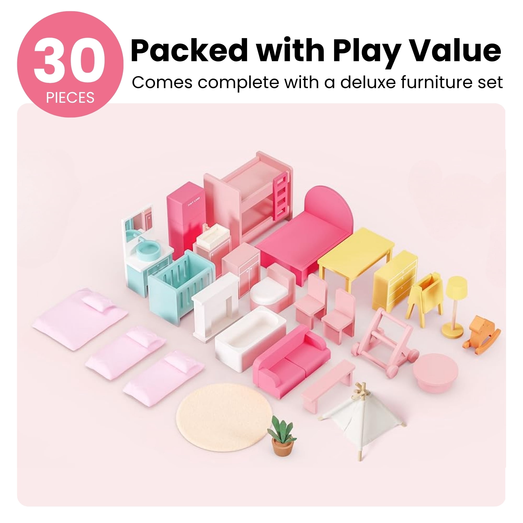 Tiny Land Wooden Dollhouse for Girls - 6 Rooms, 30pcs Furniture, DIY Pretend Play House, Gift for Ages 3+