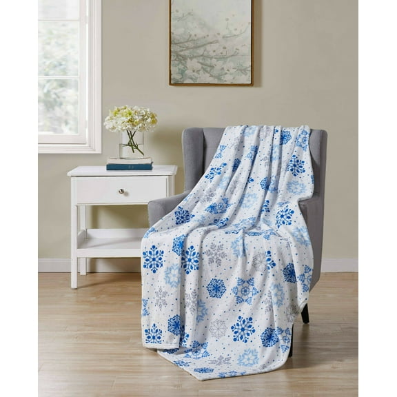 Kate Aurora Blue & Silver Christmas Snowflakes Plush Accent Throw Blanket