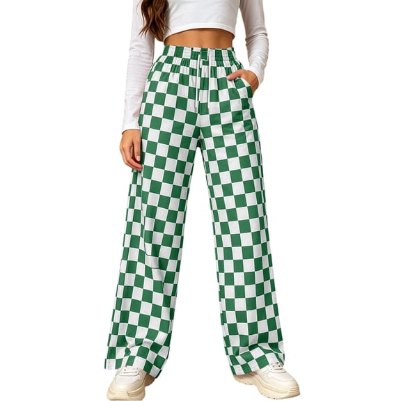 Women's High Waisted Checkerboard Wide Leg Pants Drawstring Loose Fit Casual Trousers with Pockets for Daily Wear Home Lounging