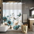 thumbnail image 5 of No Hook Shower Curtains with Snap-in Liner Set, Teal Tulip Butterfly Waterproof Hotel Style Bathroom Shower Curtain, Beige Turquoise Floral Blue Coastal Breathable Mesh Top Bath Curtains 48''x72'', 5 of 9