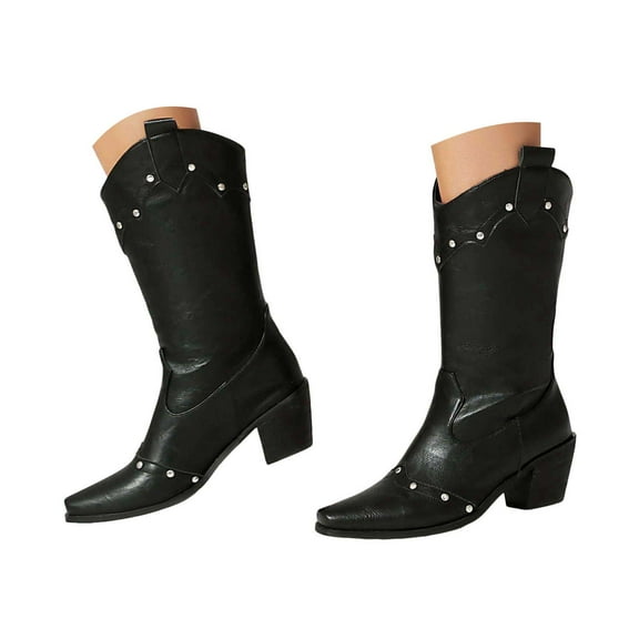 Mostsola Western Cowboy Boots for Women Vintage Studded Wide Mid Calf Square Toe Motorcycle Boots