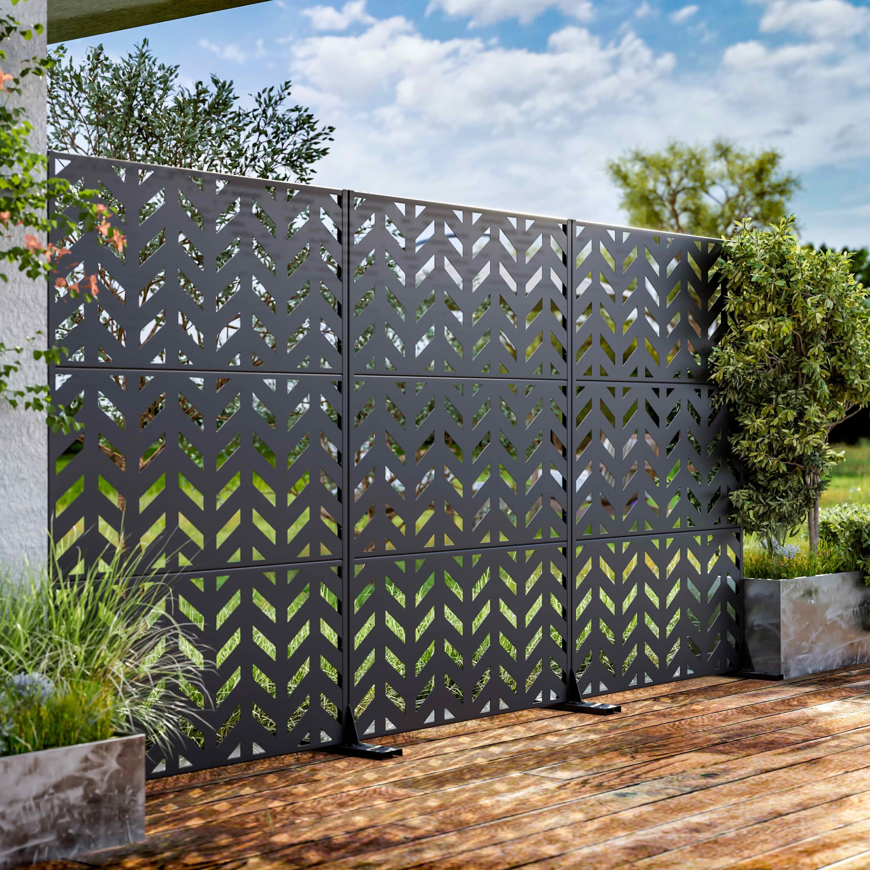 MAYEERTY 72x47x16 Inch Black Fishbone Galvanized Steel Privacy Screen for Outdoor Street