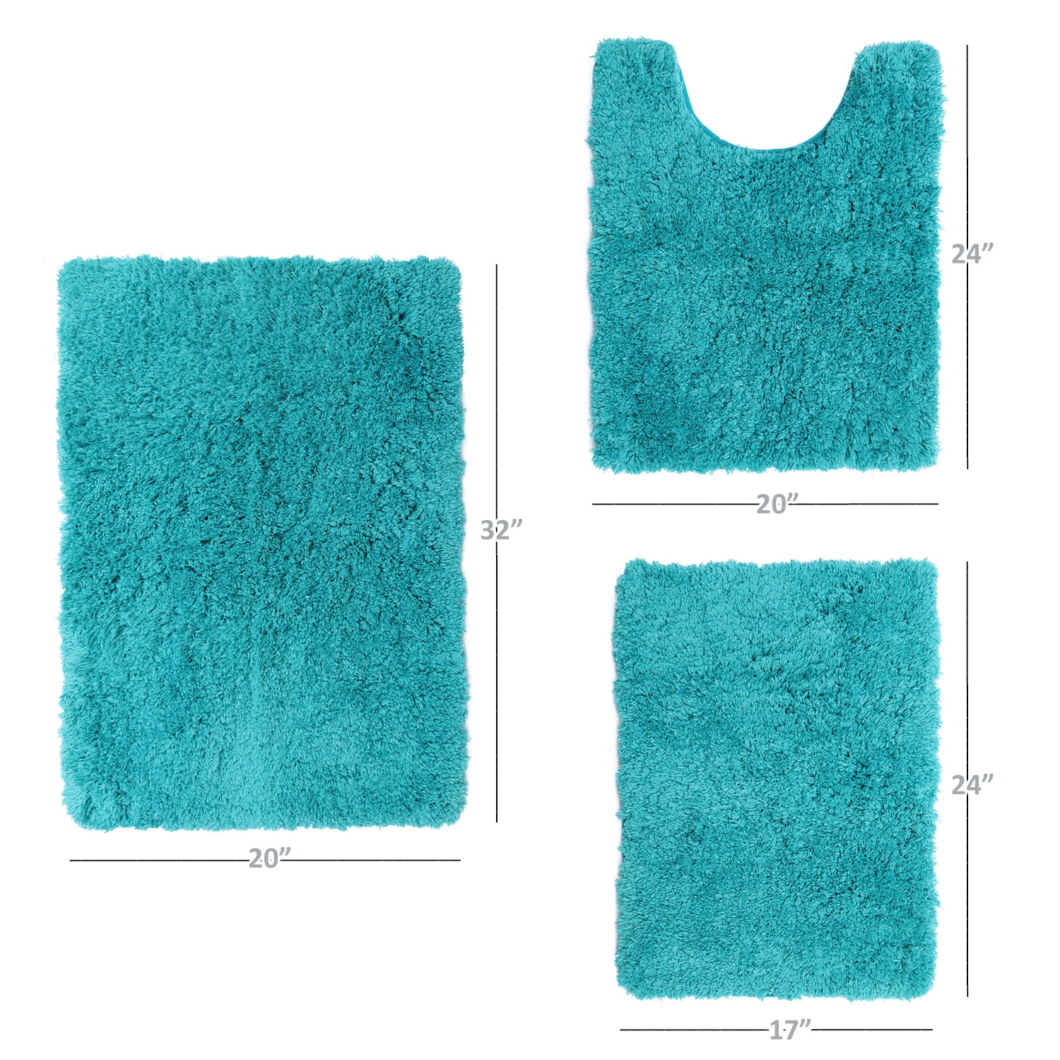 Clara Clark Set of 3 Absorbent Bath Mat Non-Slip Backing Rubber Bathroom Rugs, 17x24, 20x32, 32x48 Teal