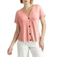 thumbnail image 2 of NAMTYQX Graphic Tees for Women Short Sleeve Casual V-Neck Solid Color Light Trendy Soft Open Front Relaxed Fit Plus Size Pink Size XL, 2 of 5