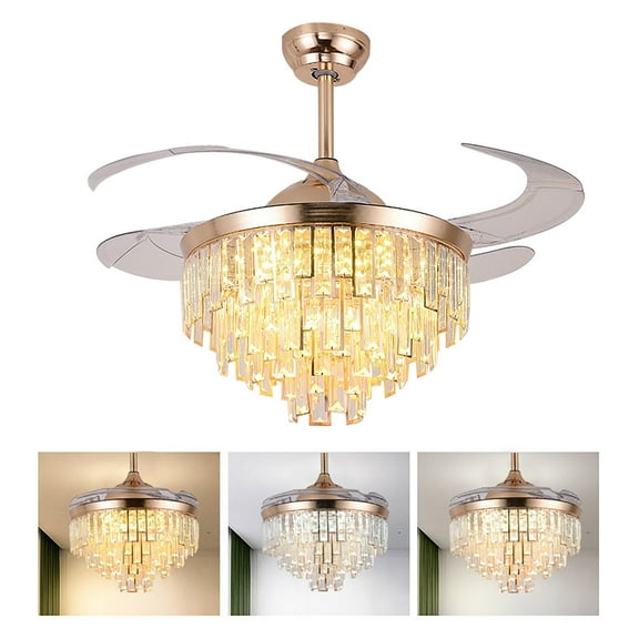 TFCFL 42 Inch Crystal Ceiling Fan Light Retractable Fan Chandelier 3 Color LED Lamp with Remote Control