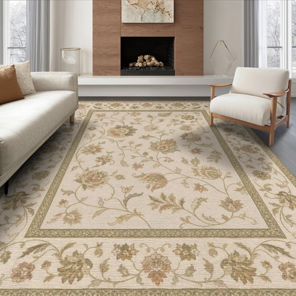 ODIKA 8'x10' Washable Area Rug Beige Olive Floral Elegance with Classic Border Intricate Blossom and Leaf Motifs on for King Size Bedroom Under Bed, Master Suite, Non-Shedding, Easy Care