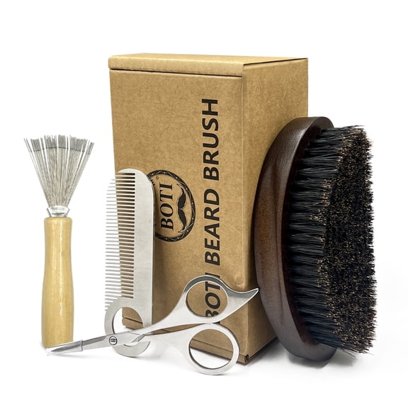 BOTI Beard Brush, Natural Boar Bristles Beard Brush for Men and Wooden Pocket Beard Comb Set, Facial Hair Grooming Kit with Mustache Scissors as a Styling Tool.