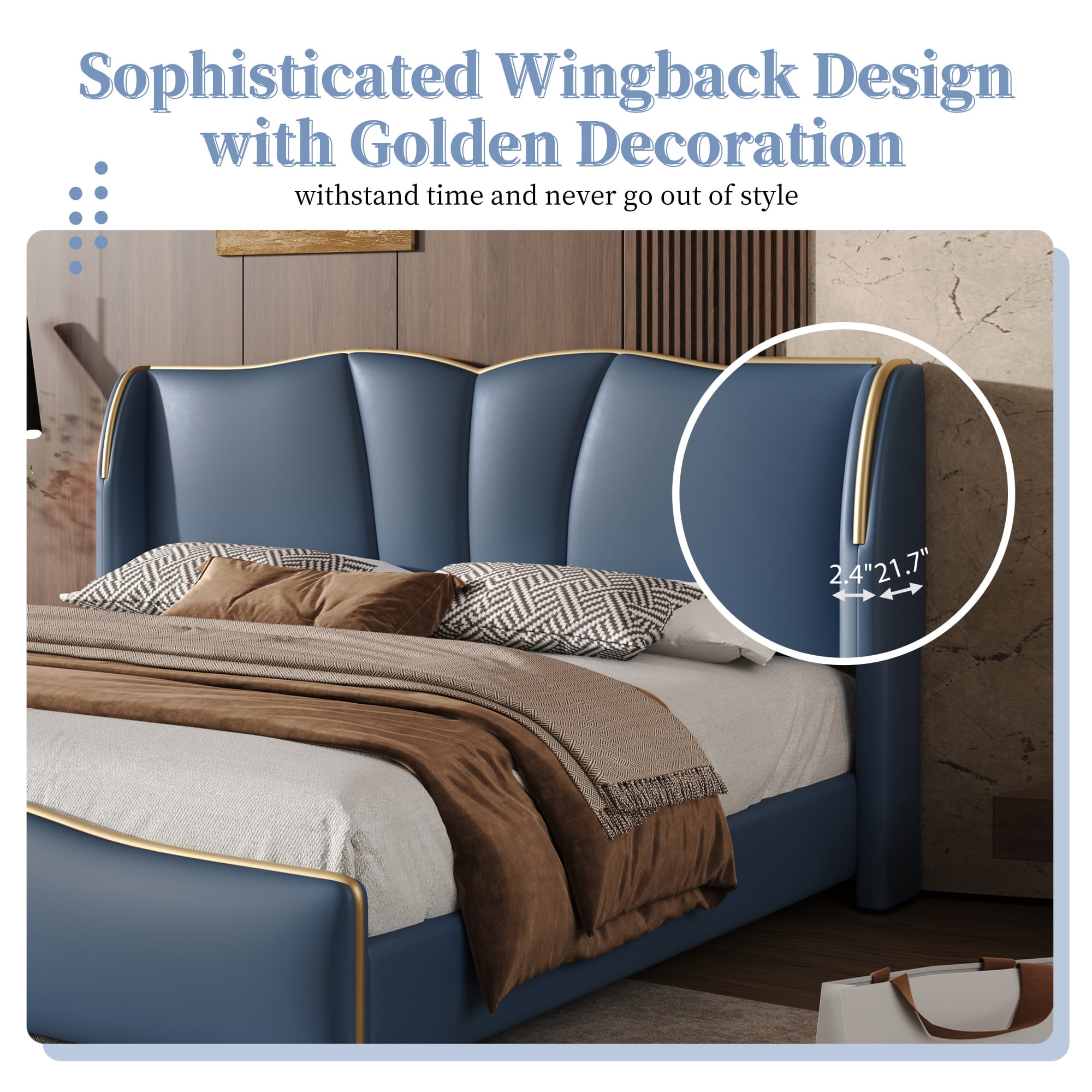 [Luckynote]Queen Size Leather Upholstered Bed Frame, Modern Bed Frame with Wingback Head board, Upholstered Platform Bed with Wavy Footboard, No Spring Box Needed, Antique Blue
