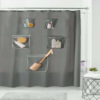 Better Homes & Gardens Gray Heavyweight Solid Print PEVA Shower Liner with 5 Mesh Pockets and 2 Adhesive Clips, 72" x 72"