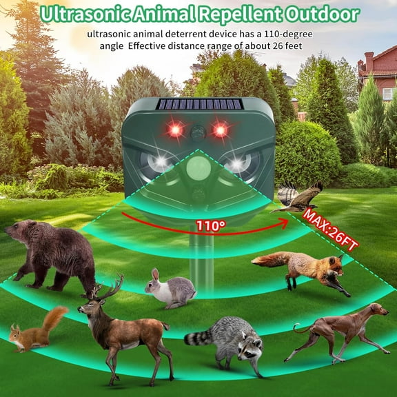 Onemayship Garden Animal Repeller - Solar Powered Device with Ultrasonic Waves - Motion Sensor, LED Strobe Light & Alarm Sound - Effective Cat & Raccoon Repellent