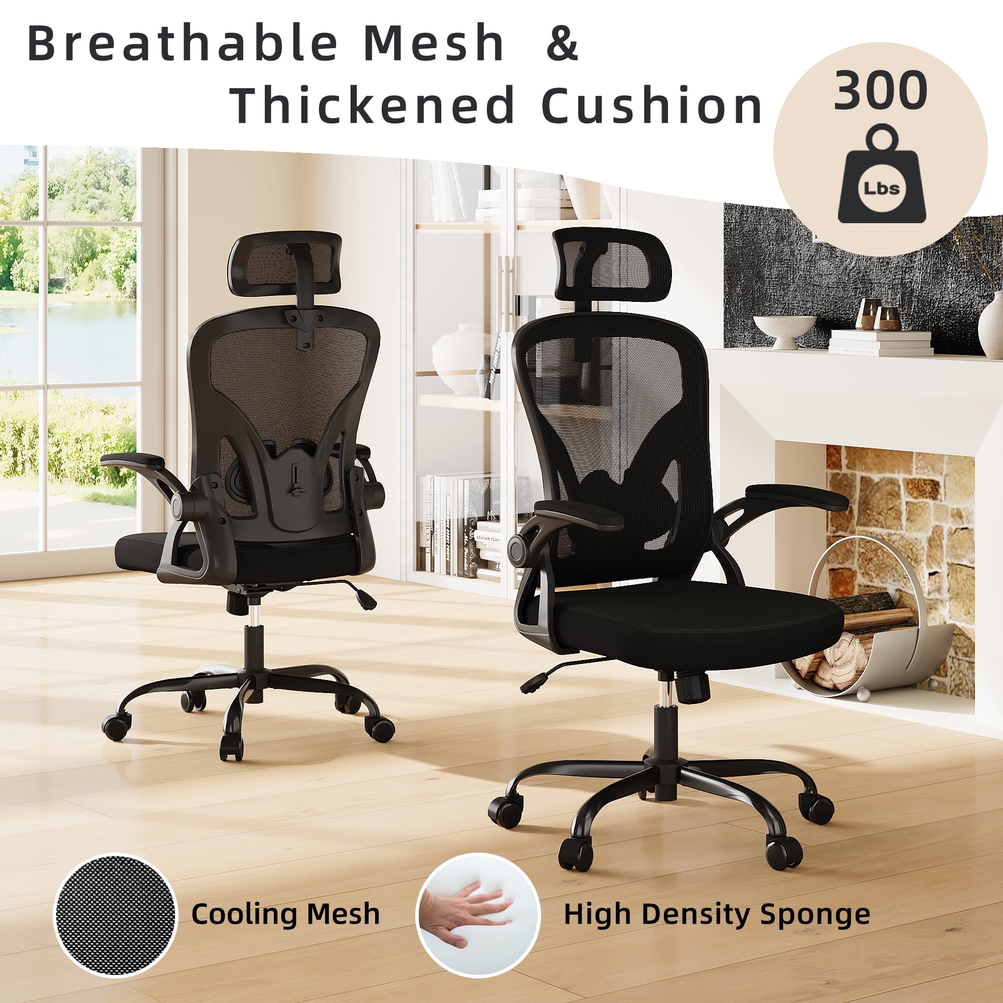 MAYEERTY Ergonomic Home Office Chair with Headrest, Flip-Up Armrests, Adjustable Lumbar Support, Black