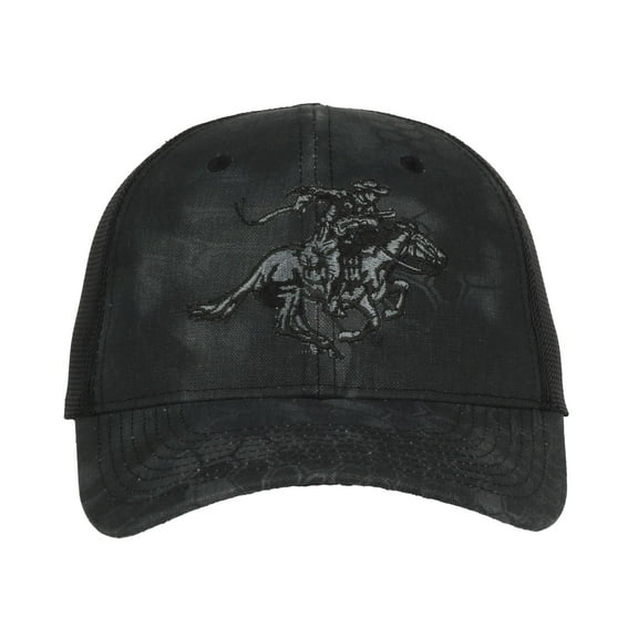 Adult Men's Winchester Kryptek Camo Hat: 6 panel Kryptek ® Typhon Camo, structured front panels, meshback panels, low profile crown, slightly pre-curve visor, adjustable single row snap closure cap.