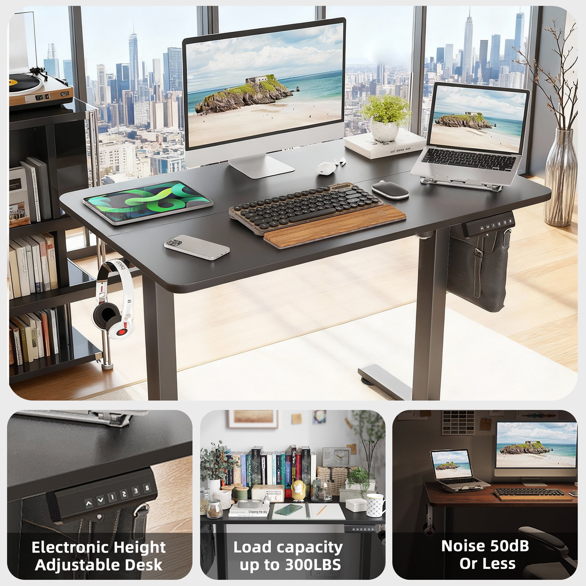 MAYEERTY 40×24" Electric Height-Adjustable Desk, Sit Stand Desk with Side Hooks for Home & Office, Black