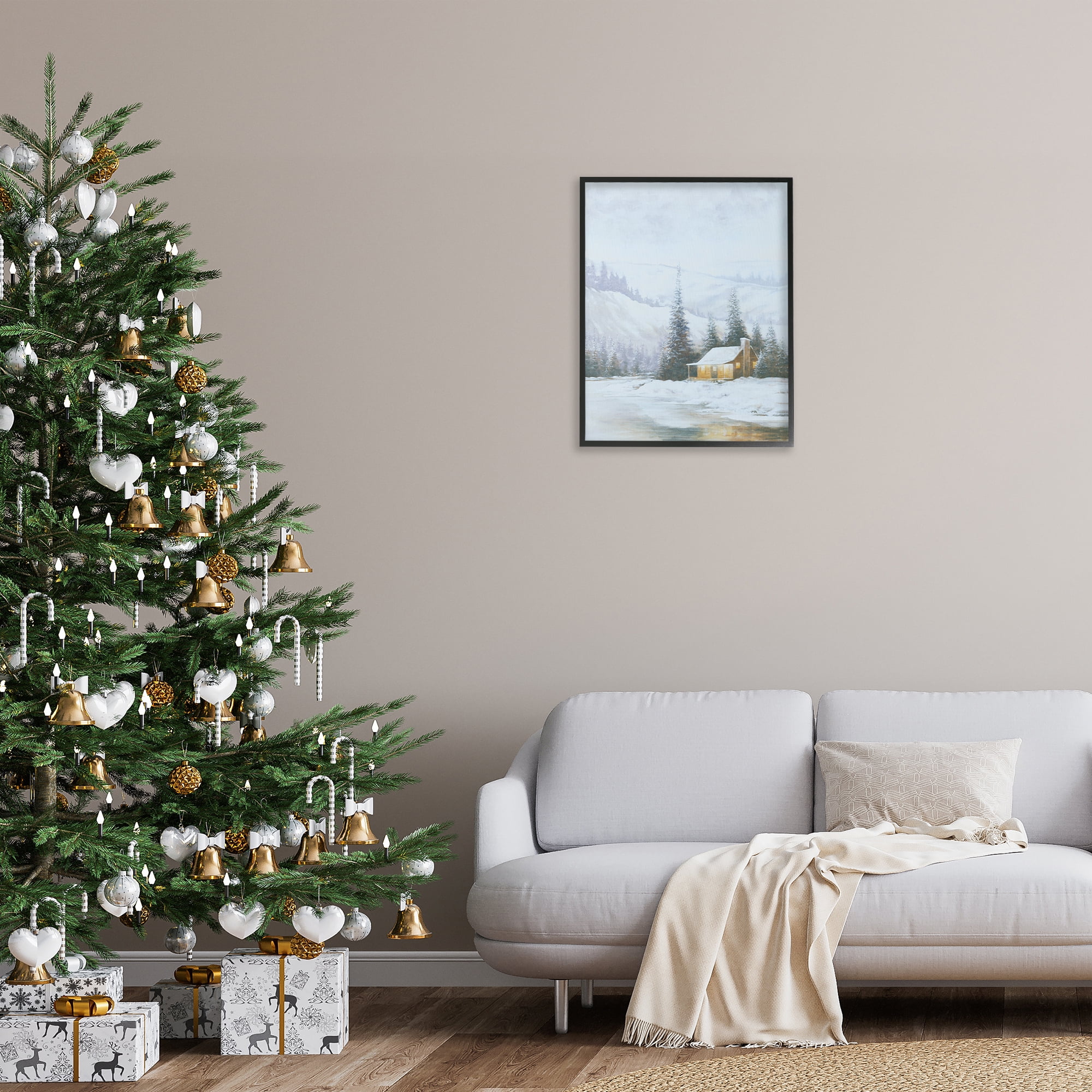 Stupell Industries Snowy Woodland Cabin Landscape Painting Black Framed Art Print Wall Art, 24 x 30