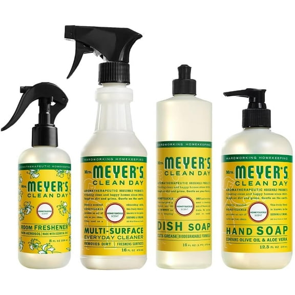 Mrs. Meyer's Clean Day Honeysuckle Scent Variety, 1 Room Freshener 8 oz, 1 Liquid Dish Soap 16 oz, 1 Liquid Hand Soap 12.5 oz, 1 Multi-surface Cleaner 16 oz