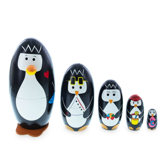 Set of 5 Penguins Wooden Nesting Dolls 5 Inches