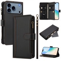 For iPhone 17 Pro Wallet Phone Case-PU Leather Magnetic Flip Cover with 9 Credit Card Slots,Zipper Pocket & Detachable Wrist Strap,Shockproof,Black,For iPhone 17 Pro