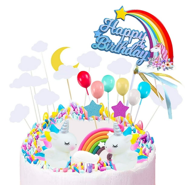 Juego de 21 banderas para pastel de feliz cumpleaños con unicornio, nubes, estrellas, luna y arcoíris.