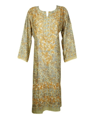 Mogul Women Peach Paisley Print Long Tunic Dress Floral Hand Embroidered Dresses XL