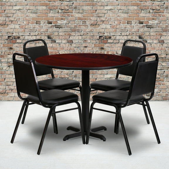 Emma   Oliver 36"RD Mahogany Laminate Table Set-X-Base & 4 Black Banquet Chairs