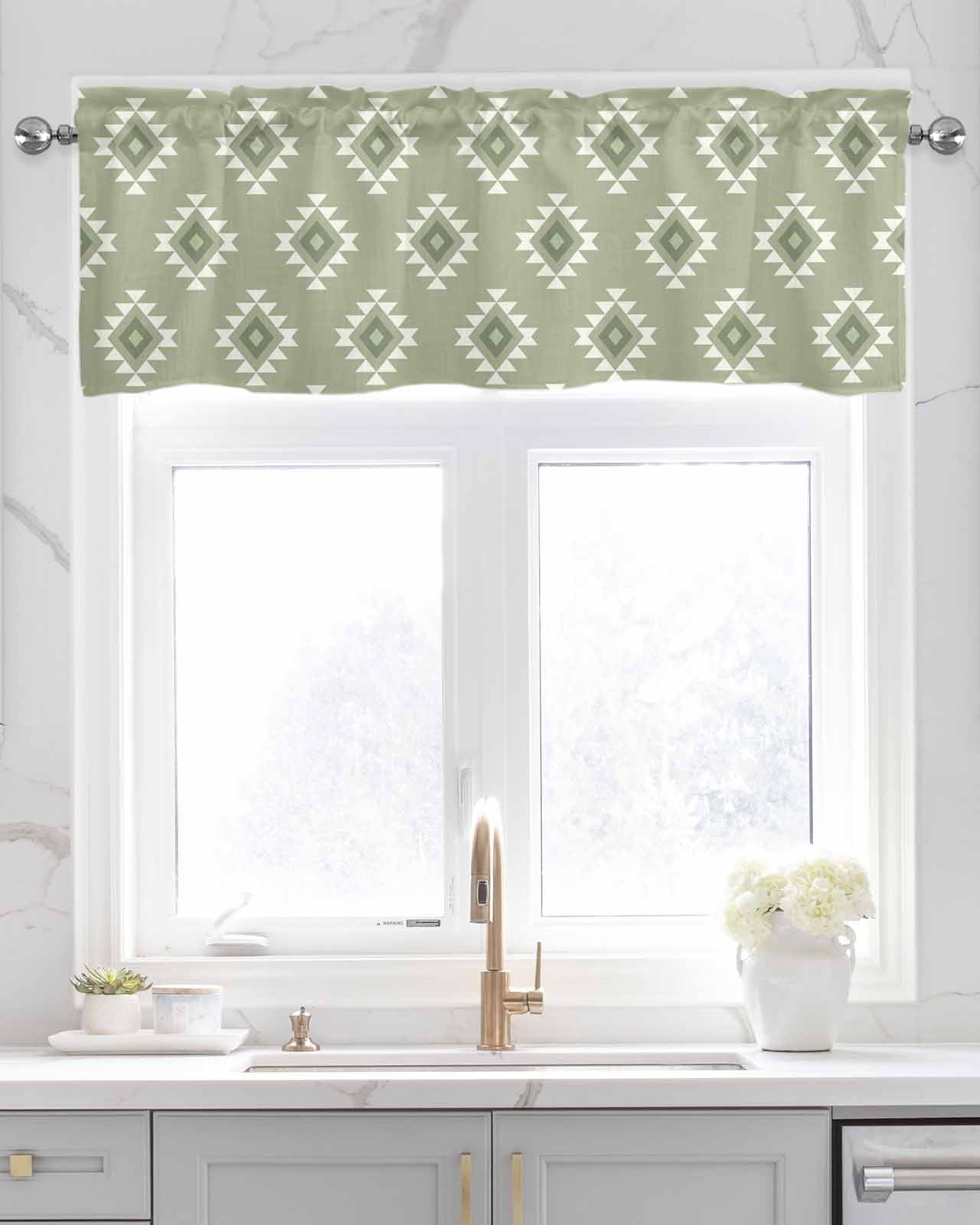 Sage Green Boho Geometric Kitchen Valances for Windows Farmhouse Linen Window Valance Curtain for Living Room Window Treatment Country Abstract Pattern Valance Rod Pocket Topper Drape, 60 x 18 Inch
