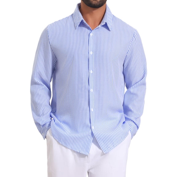 DARING DIVA Men's Seersucker Long Sleeve Button Down Textured Striped Shirts S Blue