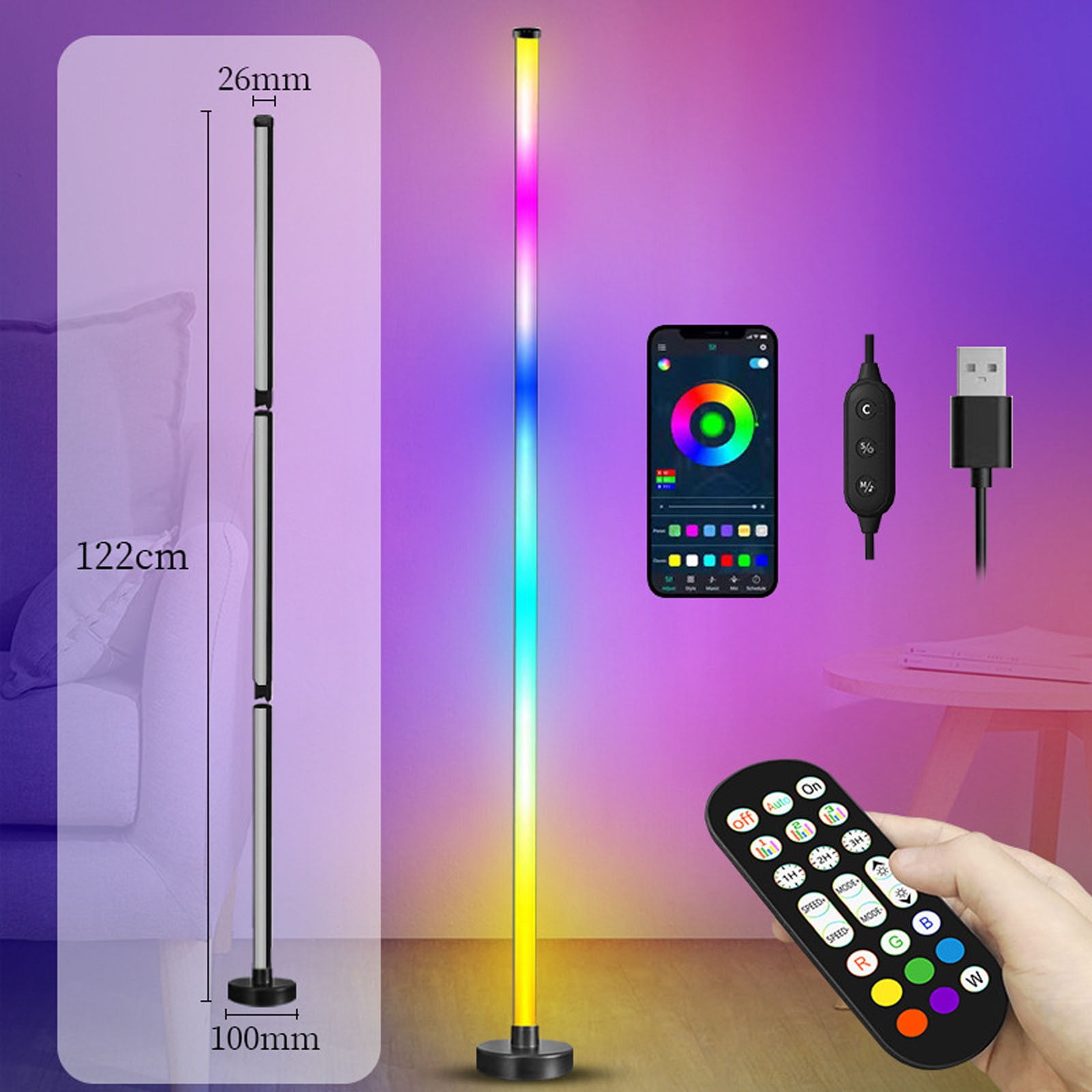 AYktou LED Floor Lamp 1.2m Corner Floor Lamp 1.6 Billion DIY Color & 23+ Scene and Music Sync Smart Modern Floor Lamp Color-changing Floor Lamp for Living Room