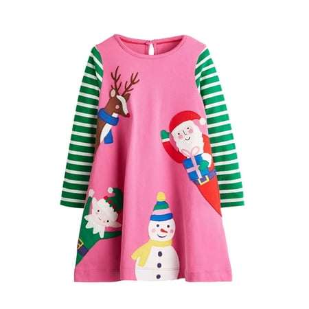 

Chenyuanyuan Baby Girl Christmas Outfit Kids Crew Neck Long Sleeves Christmas Cartoon Prints Casual Party Princess Dress Size 12-24 Months