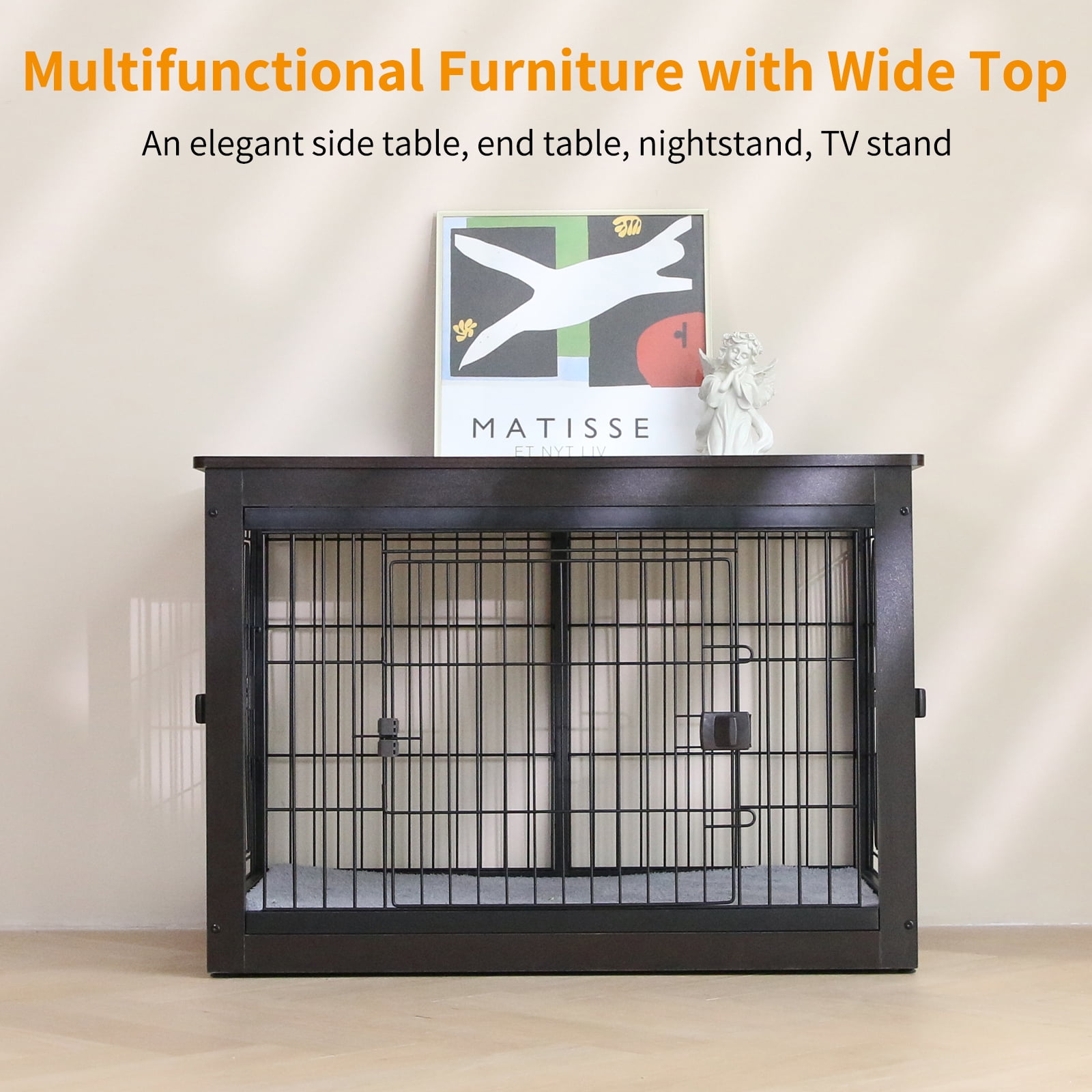 38 inch Dog Crate Furniture Indoor Dog Crate End Table Heavy-Duty Dog Cage with Dog Mat, Three-Door Dog House Black