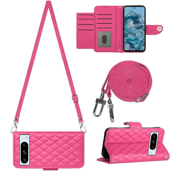 Wallet Case for Google Pixel 9A with Card Cash Slots, Luxury Premium PU Leather Kickstand Shoulder Strap Lanyard Shockproof Anti-Fall Full Body Protective Flip Shell, Rose