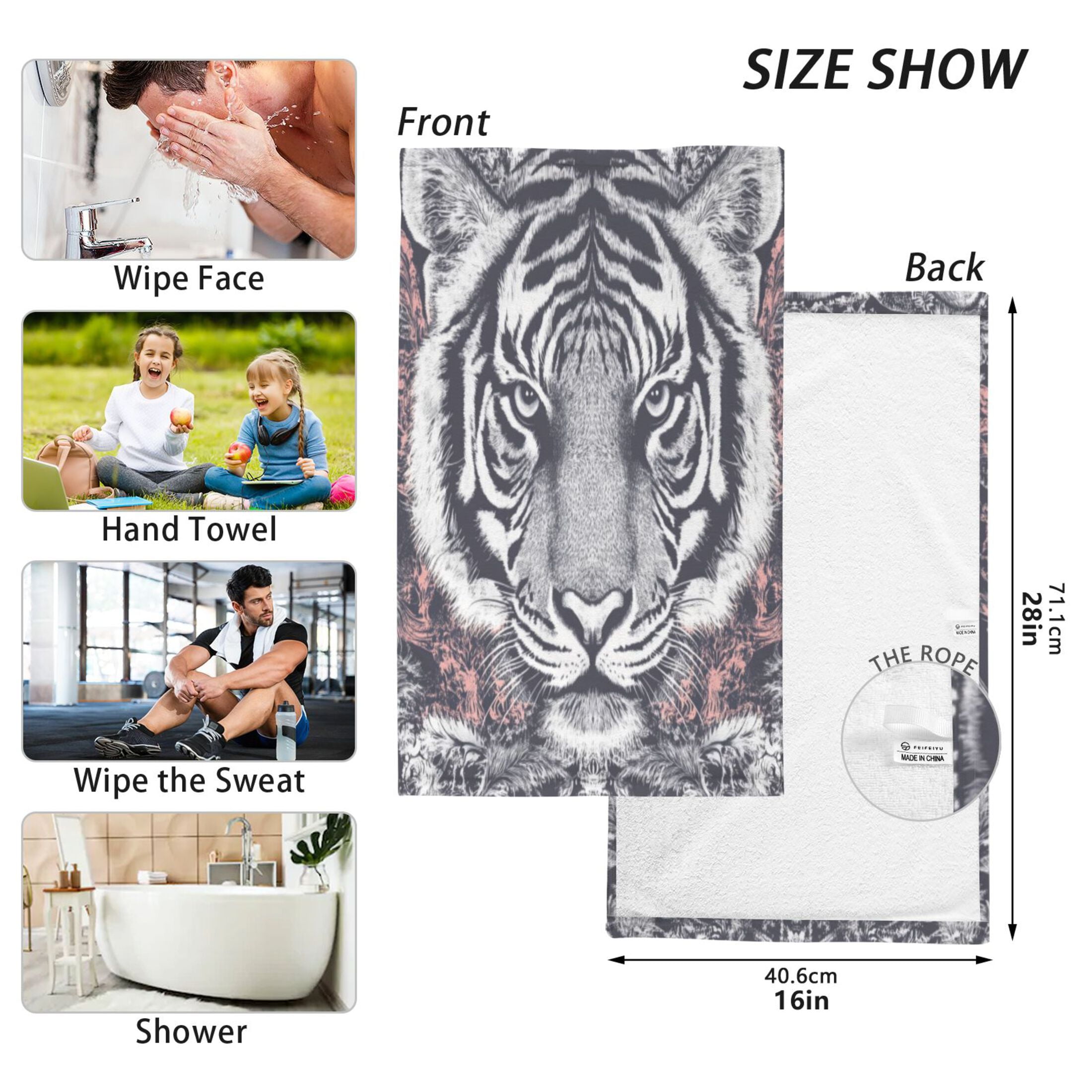 Cotton Towel Two-Piece 16x28 Inch One Sizex2 Face Towel Set Towel Set Cotton Hand Bath Towel Bathroom Beach Black and White Tiger