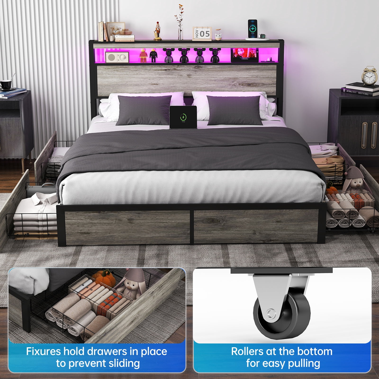 DRNANLIT Full Size Bed Frame with Storage Headboard, Metal Platform King Bed Frame Wood with 4 Drawers, LED Light, Charging Station, No Box Spring Needed, Noise Free,Grey