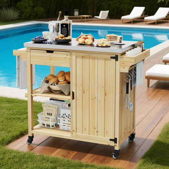 Huisuilinss Wood Outdoor Grill Cart,Outdoor Grill Table,Outdoor Kitchen Island,Rolling Prep Table,Movable Bar Cart With Stainless Steel Top,Storage Cabinet,Drawer,Spice Rack,Open Shelves & Wheels