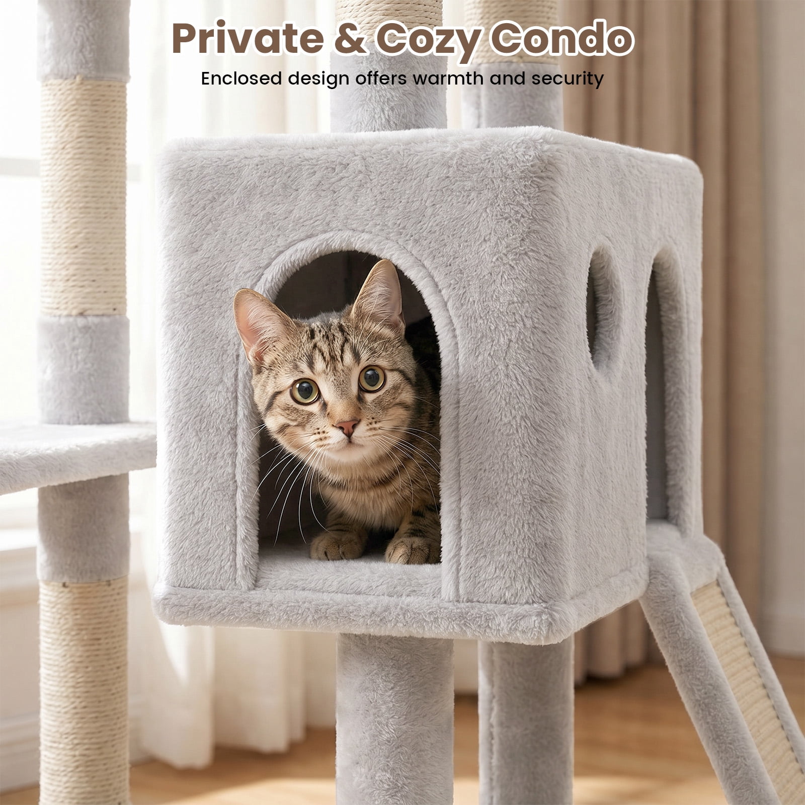 70" Cat Tree Tower, Heavy Duty Cat Tower for for Multiple Adult Cats, Multi-Level Tall Cat Tree with 2 Condos, Hammock and Scratching Post for Indoor Kitties, Light Grey