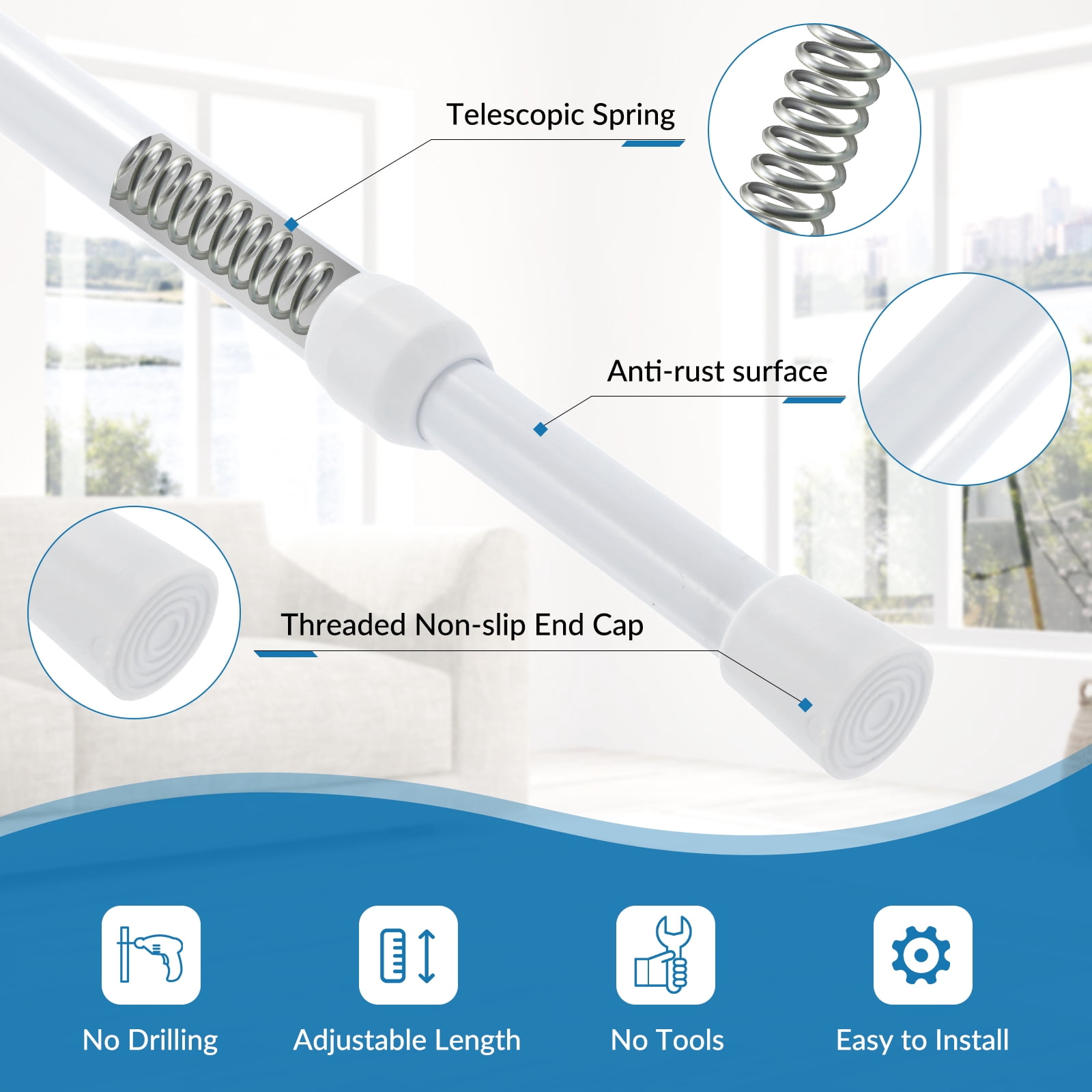 BEAMNOVA 32"-55" Adjustable Tension Curtain Rod, 5/8" Diameter, Spring Tension Rods for Windows Cabinet Wardrobe Closet Shower Curtains, White (8 Pack)