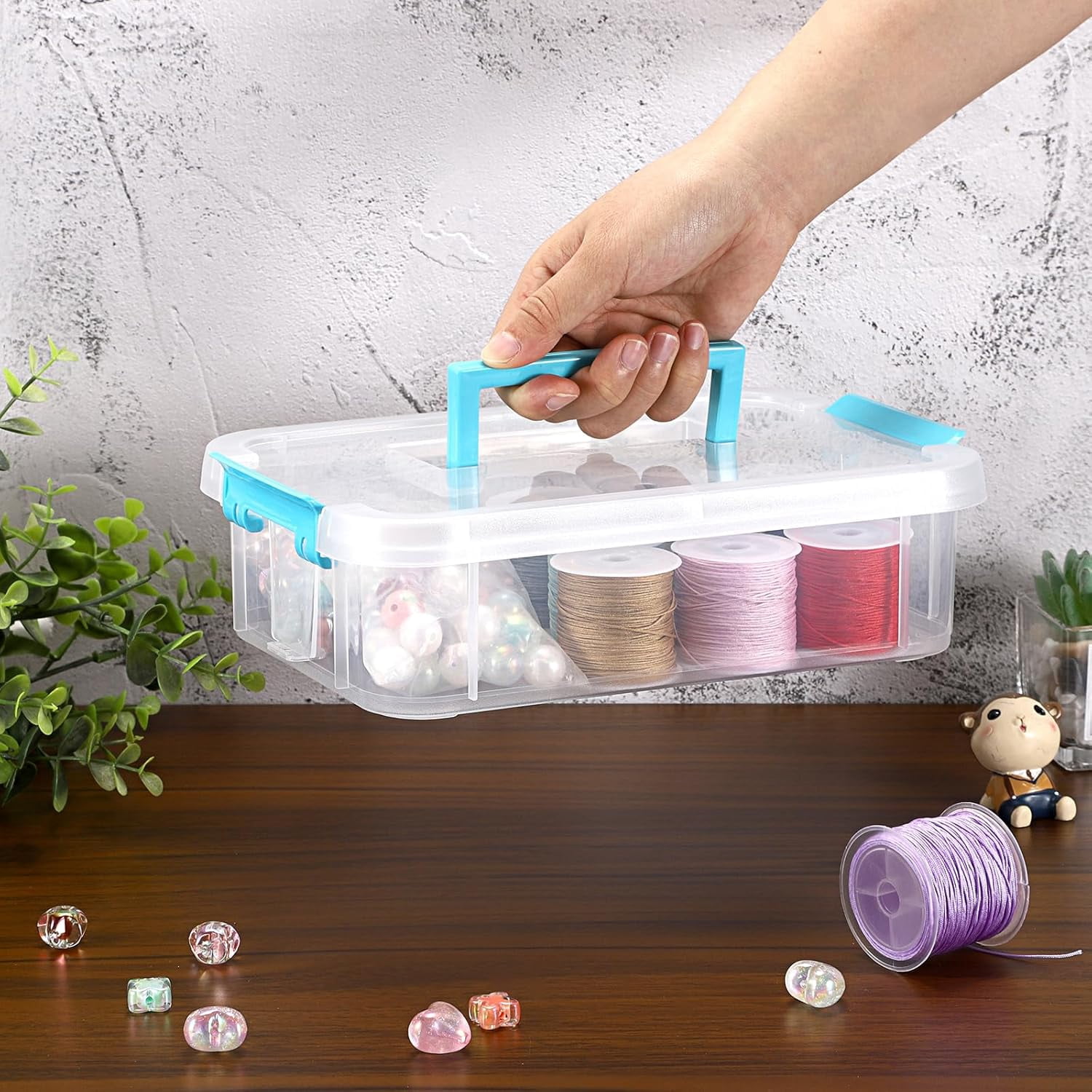 Clear Plastic Storage Box, Portable Organizer Container with Blue Handle, Stackable Storage Bin for Office Home, Multi-Use Container Box with Lid for Stationery Jewelry Craft Sewing Supplies