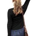 thumbnail image 3 of FOCUSNORM Women’s Juniors Solid Color Button Round Neck Stitching Long Sleeve T-shirt, 3 of 4